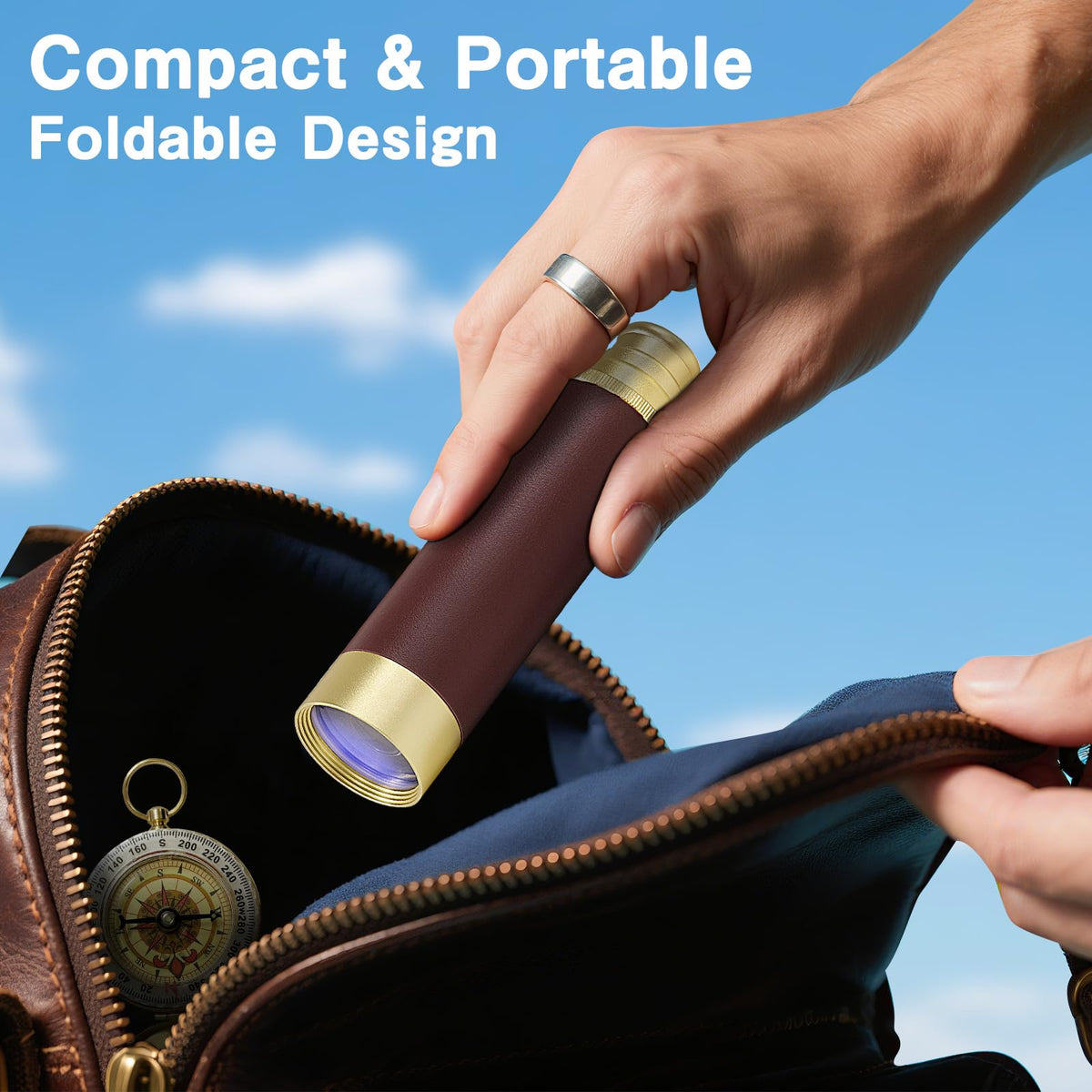 Glow-in-the-dark compass detail aids orientation in low light.