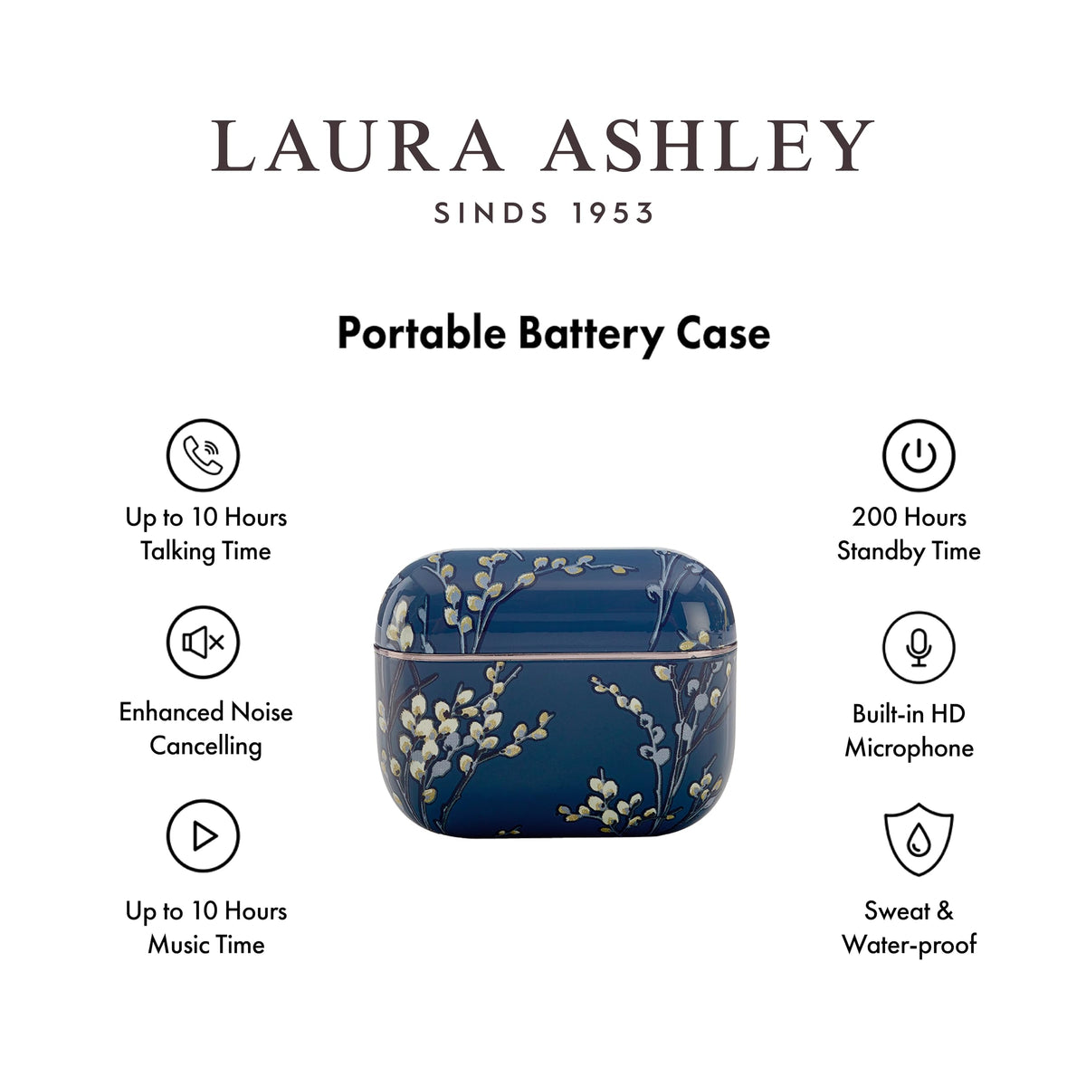 Laura Ashley Skylark charging case open showing stored earbuds and portable power