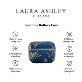 Laura Ashley Skylark charging case open showing stored earbuds and portable power