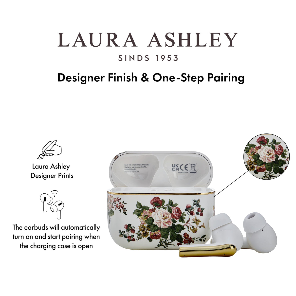 Laura Ashley Skylark earbud close-up displaying designer print and premium finish
