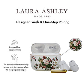 Laura Ashley Skylark earbud close-up displaying designer print and premium finish
