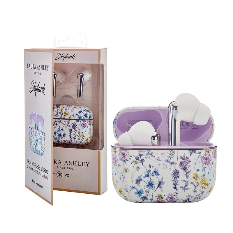 Laura Ashley Skylark earbuds with designer print offer stylish comfort and crystal-clear sound.