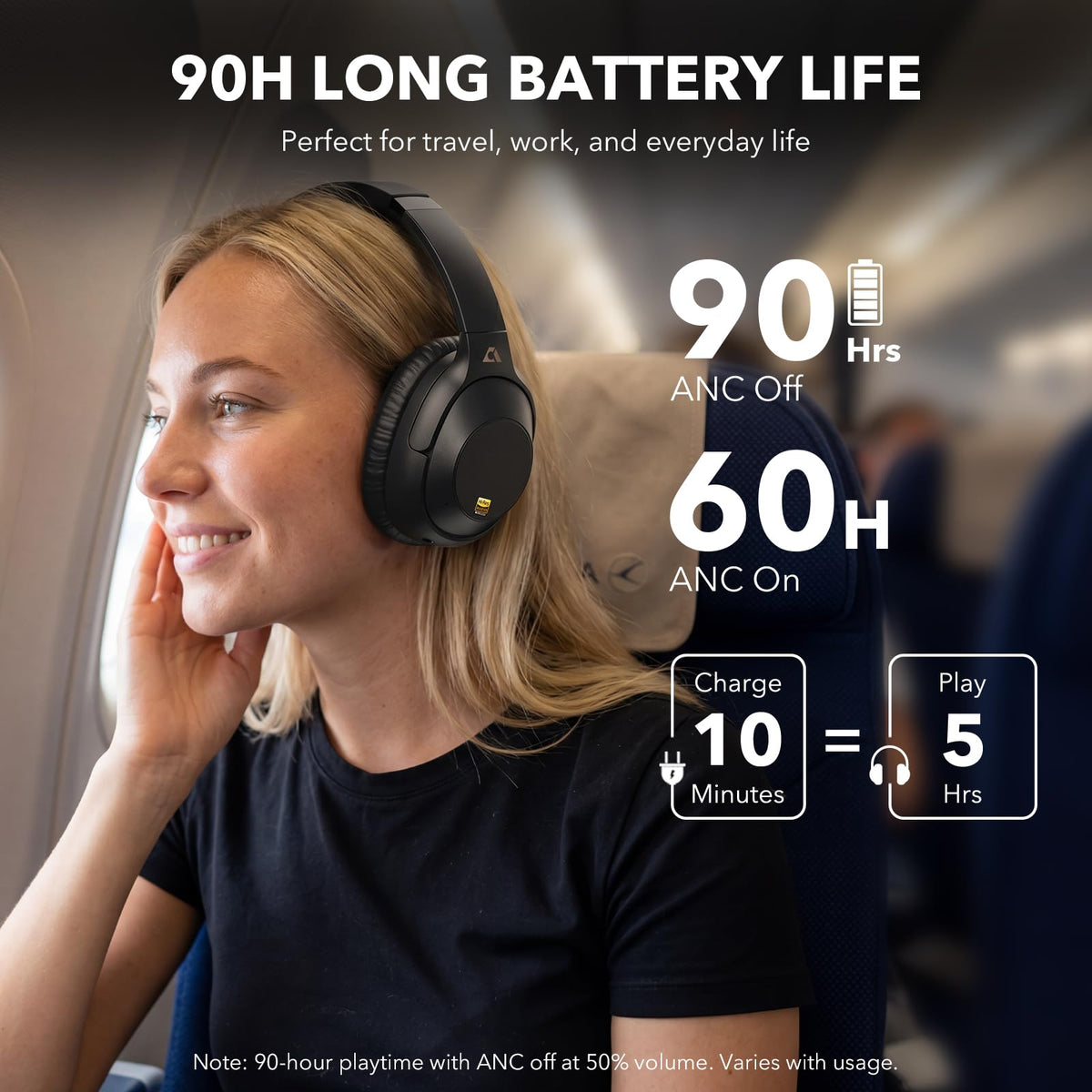 Lavales on an airplane passenger seat illustrating ANC use to reduce engine noise