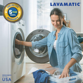 Lavamatic two-piece packaging in laundry setting showing ready-to-install protection for washers