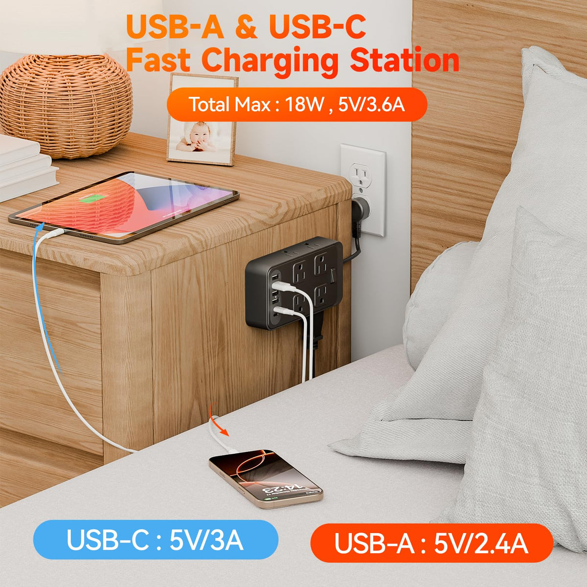 Lazdeck flat plug wall-mount design saves space on desk or wall.