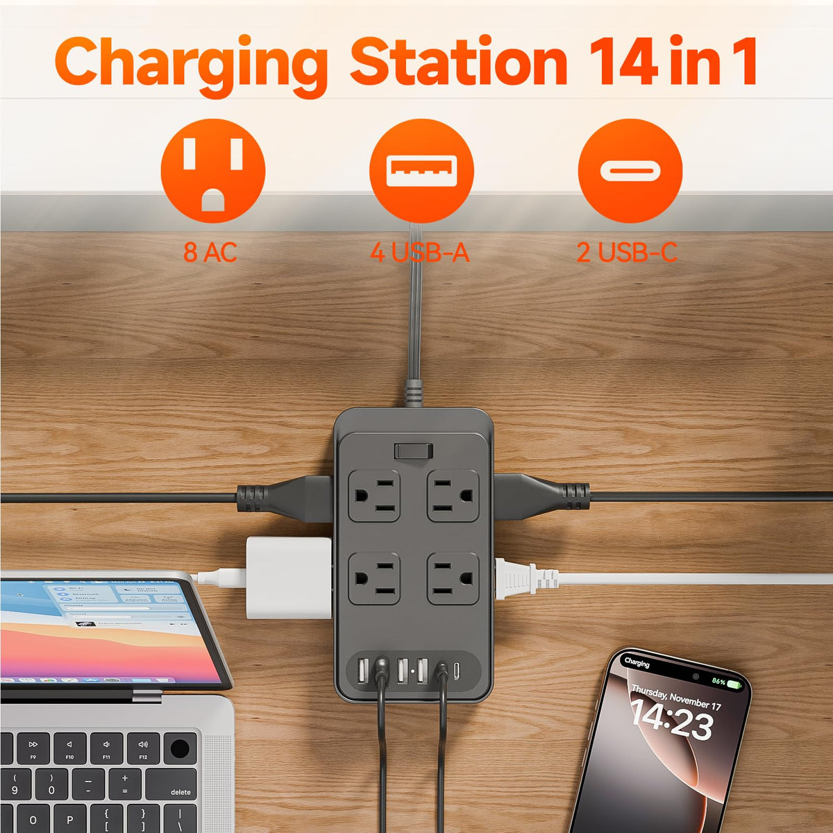 Lazdeck short extension cord with 6 USB ports for versatile charging.