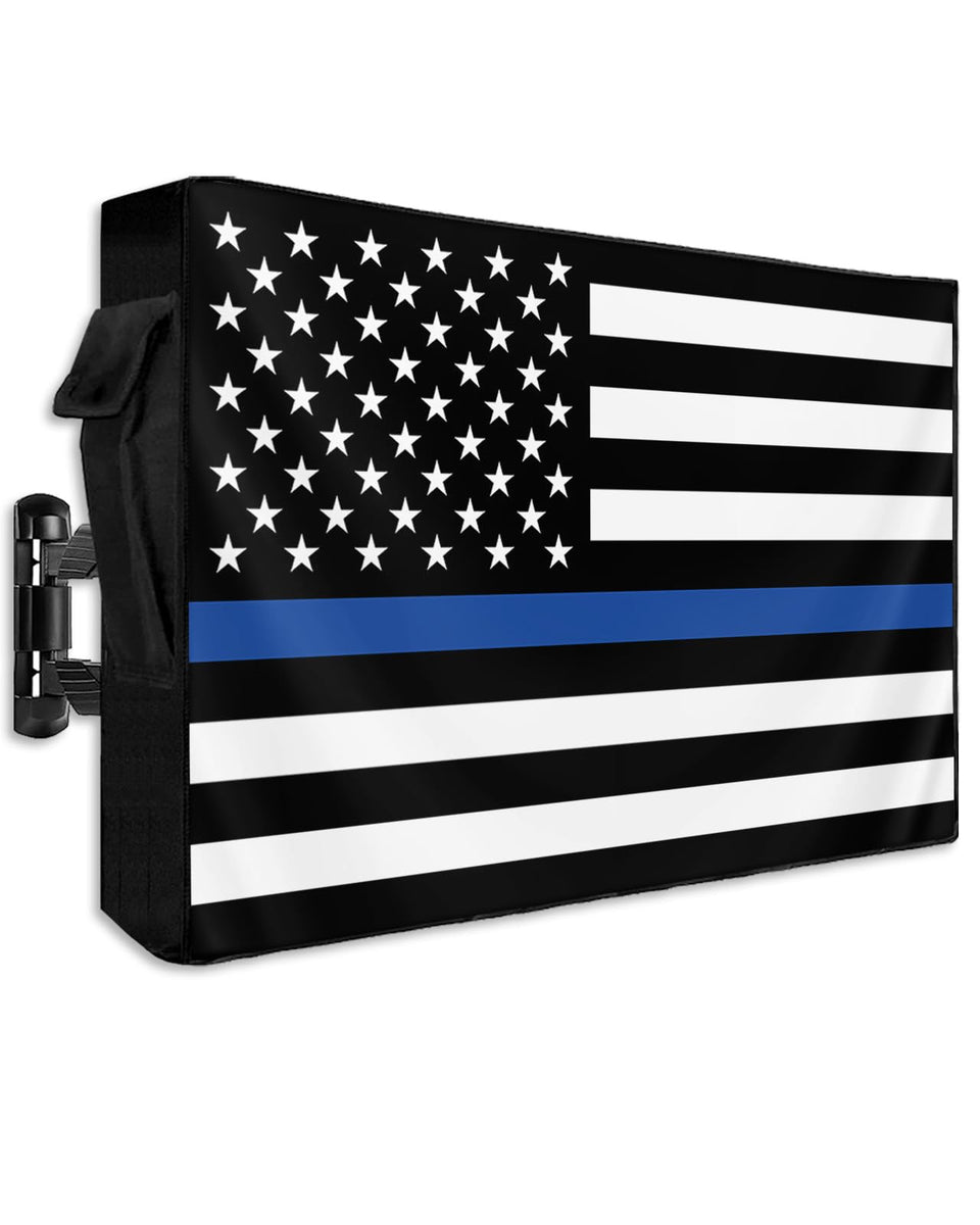 LBCASA front view showing American flag cover protecting TV outdoors