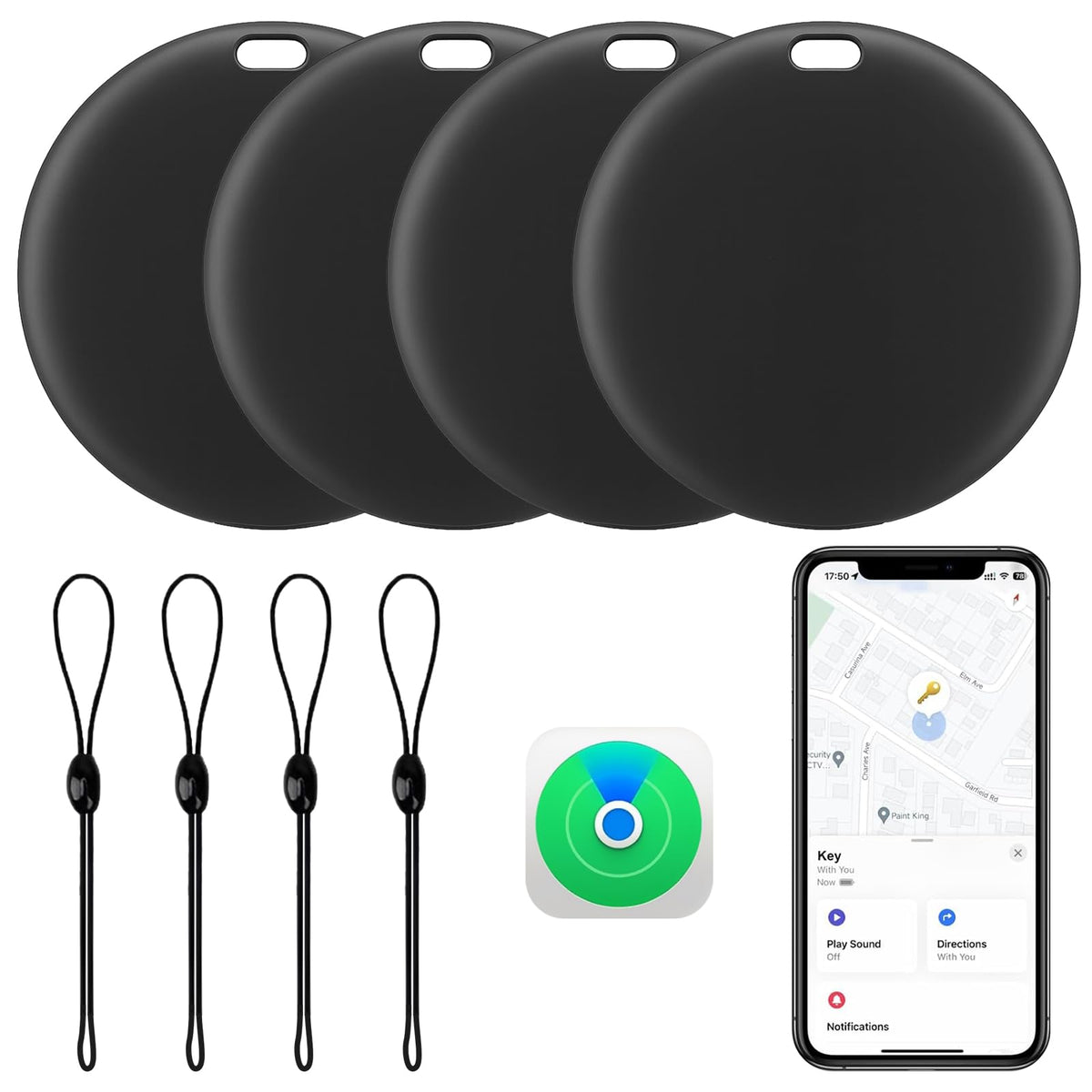 LBPRT Air Tracker Tag 4-pack showing Find My alert and loud siren for easy item recovery