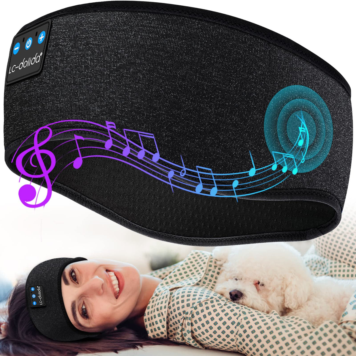 LC-dolida front view of sleep headband showing soft fabric and pattern, comfortable wear