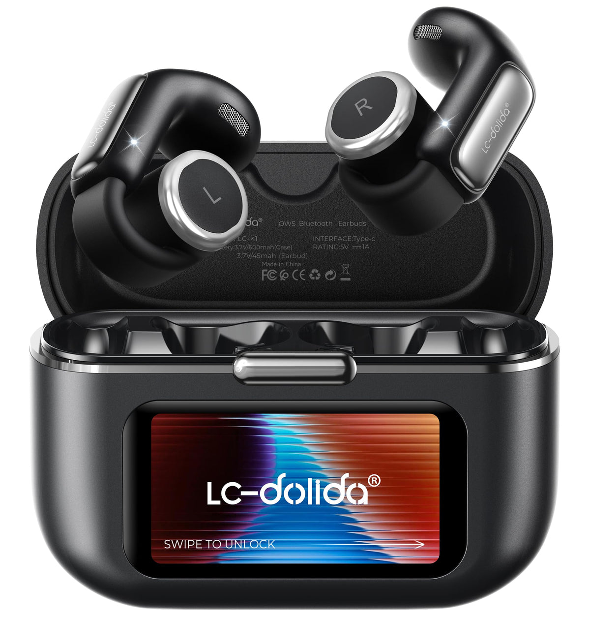 LC-dolida open-ear earbuds with case display provide at-a-glance battery status.