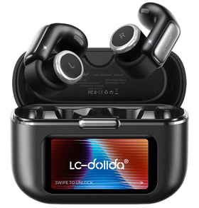 LC-dolida open-ear earbuds with case display provide at-a-glance battery status.