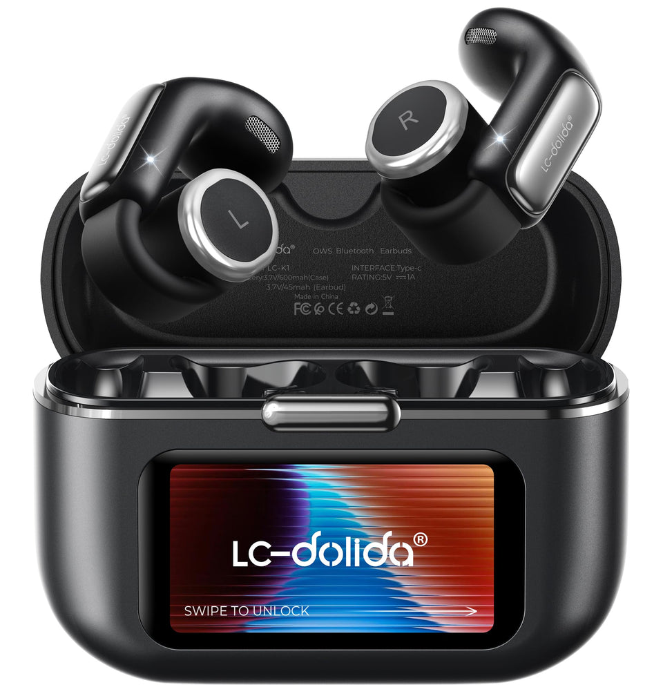 LC-dolida open-ear earbuds with case display provide at-a-glance battery status.