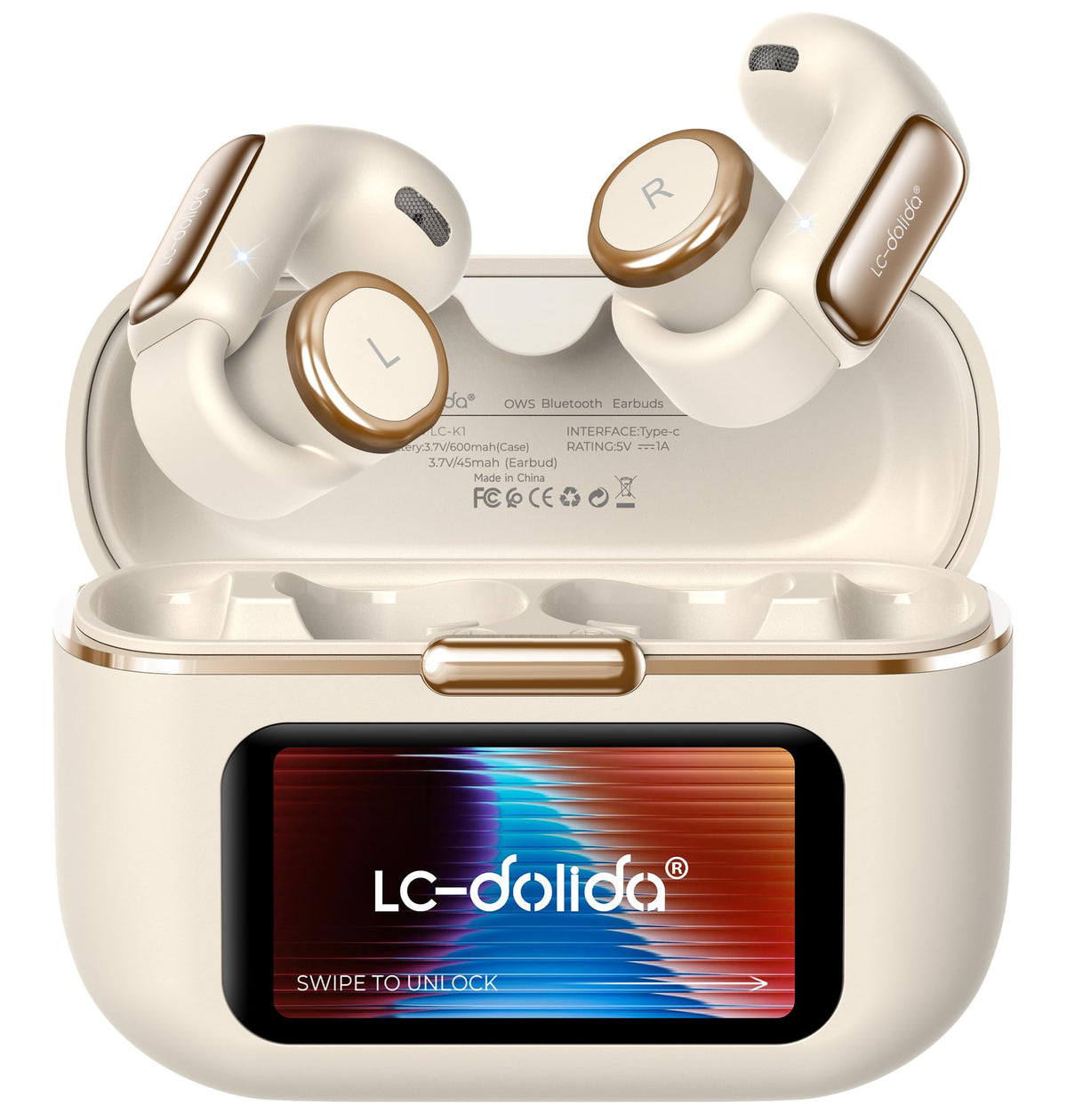 LC-dolida open-ear earbuds with LED display case for quick battery and music control.