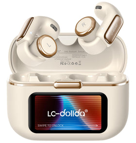 LC-dolida open-ear earbuds with LED display case for quick battery and music control.