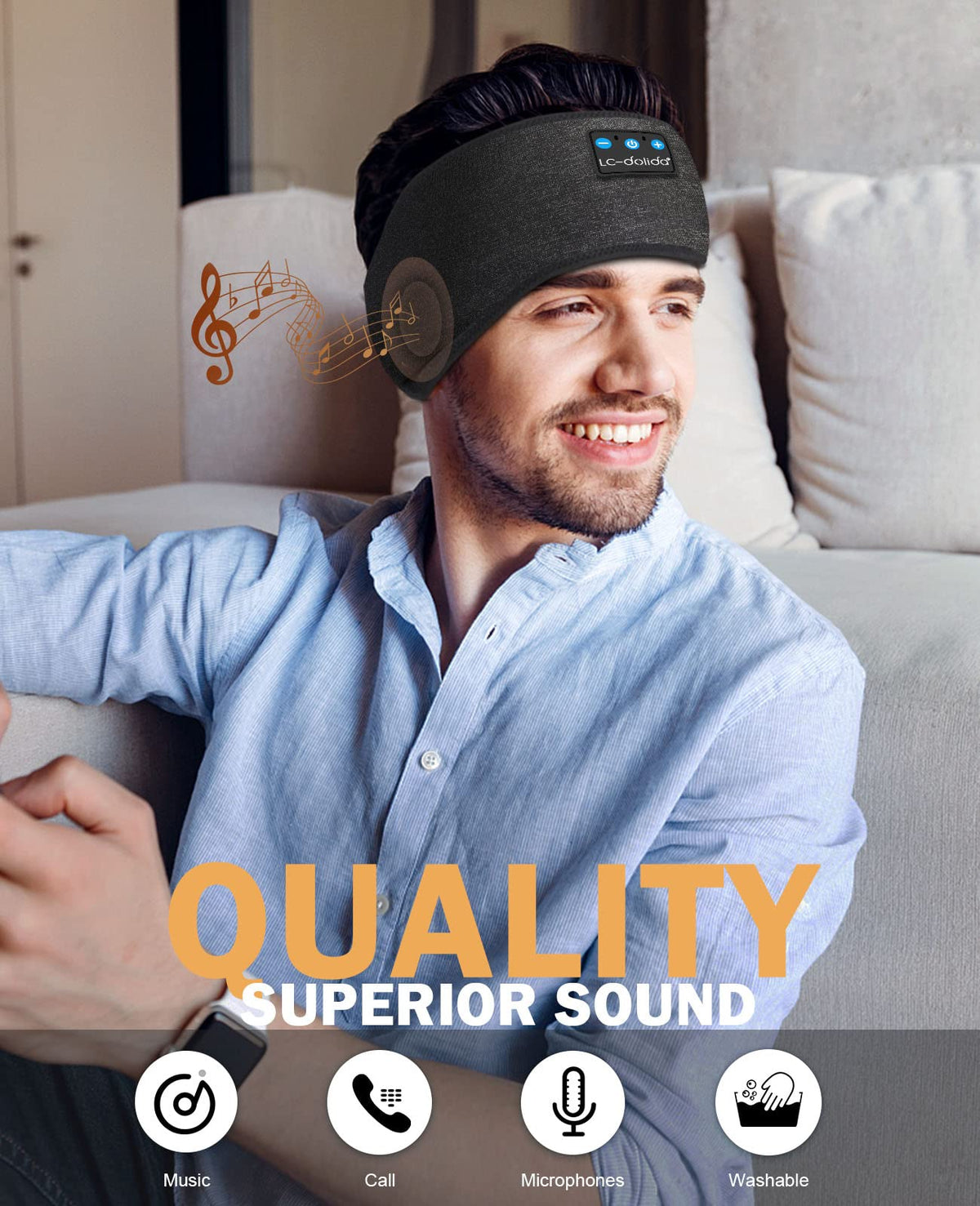 LC-dolida headband beside smartphone to show compact size and easy portability