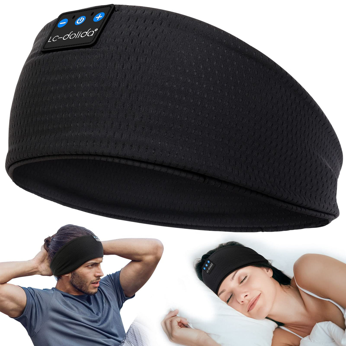 LC-dolida Sleep Headphones Headband in use with soft mask for bedtime comfort.