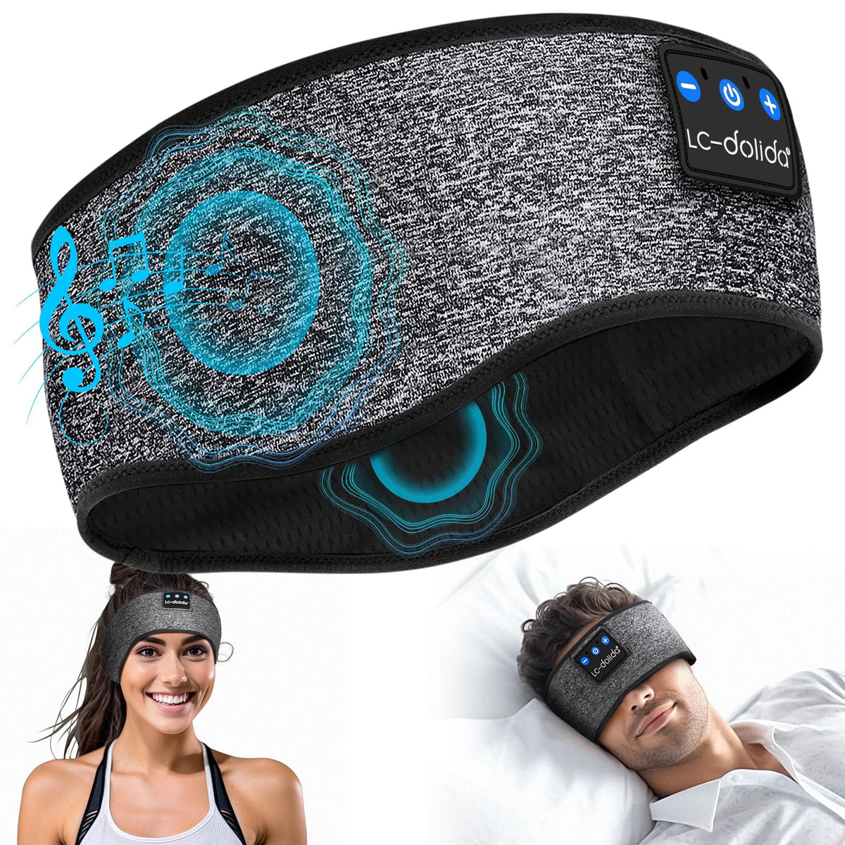 LC-dolida Sleep Headphones Headband in box highlights 3-in-1 design for travel and sleep.