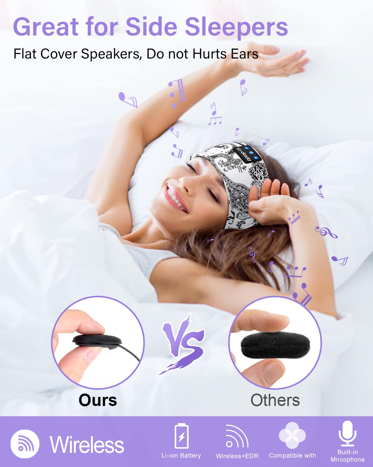 LC-dolida sleep headphones thin speakers close-up highlighting slim, unobtrusive audio