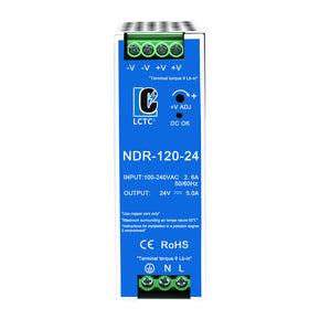 Size comparison of LCLCTC NDR120-24 beside a ruler illustrating compact dimensions for panel planning