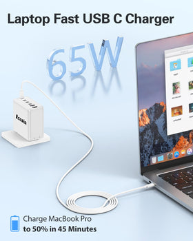 Lcssio in use on desk charging MacBook and phone quickly