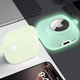 LDSXAY lifestyle shot featuring glow green AirPods and AirTag case