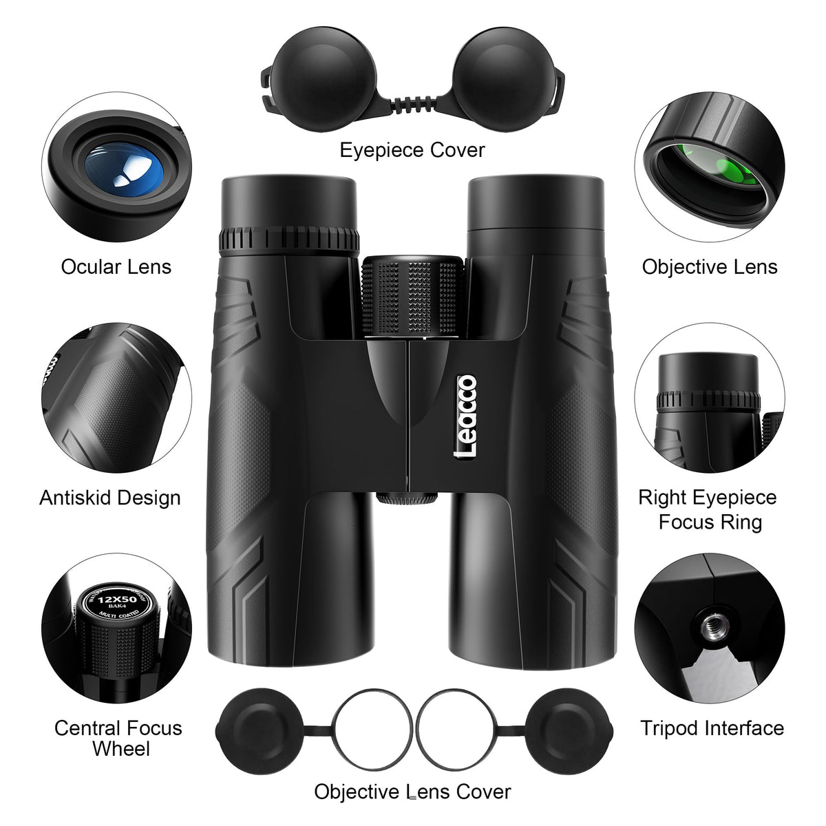 Leacco binoculars eyepiece close-up shows ergonomic 26mm design for comfort