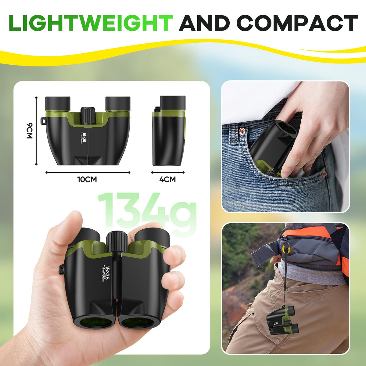 Leacco binoculars fit easily into a backpack for hiking or cruises.