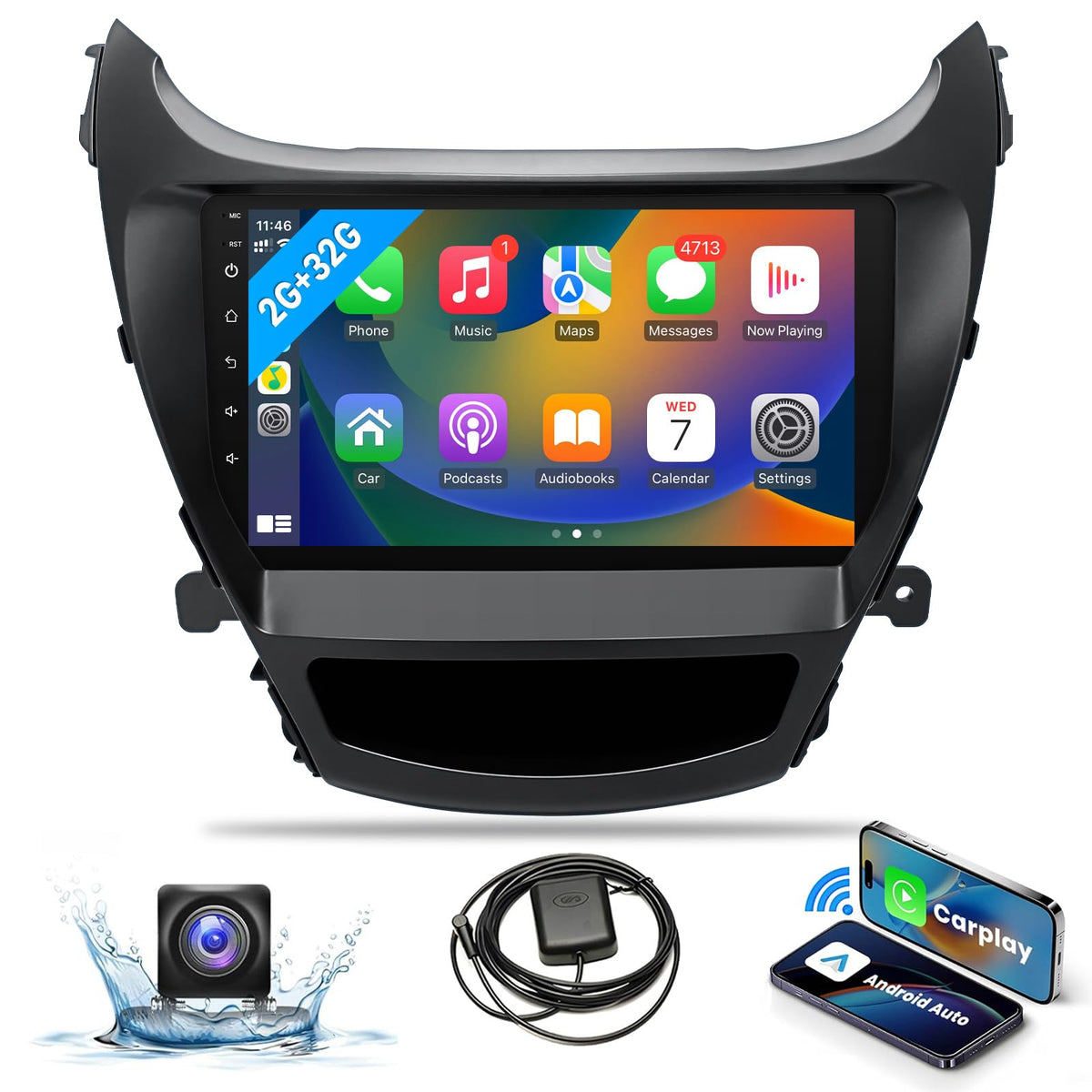Leadfan 2+32G Android stereo on a 9-inch display for Hyundai Elantra, plug-and-play setup.
