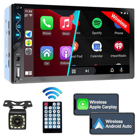 Leadfan 7-inch double din radio with wireless CarPlay for hands-free driving.