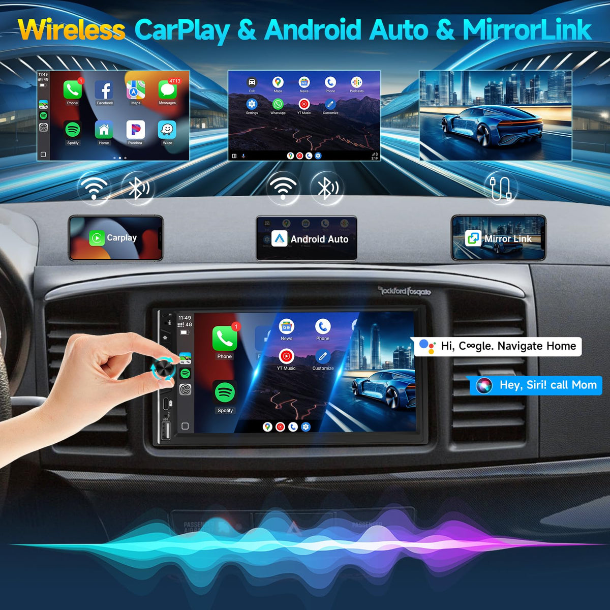 Leadfan 7-inch touchscreen display shows CarPlay and Android Auto integration for easy navigation.