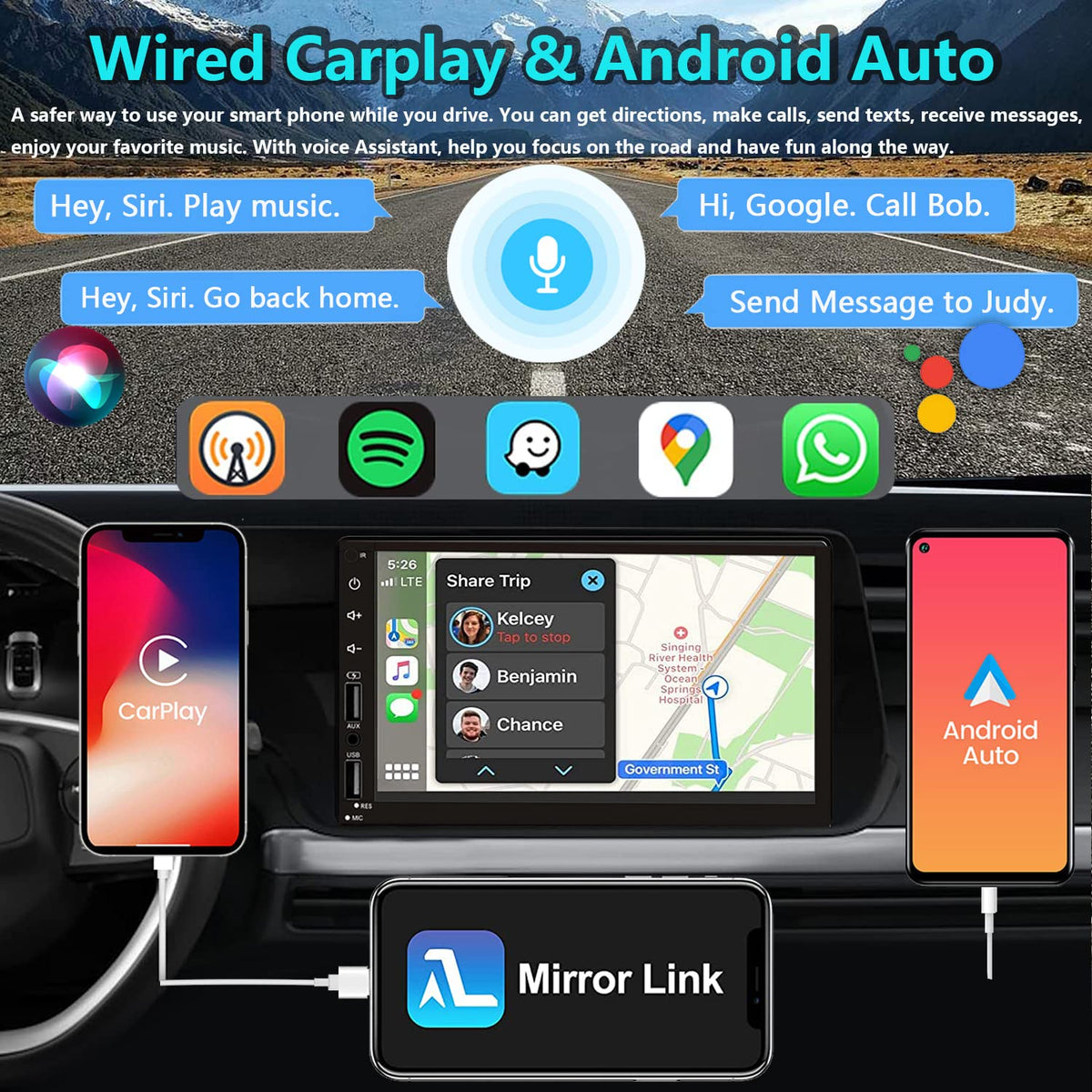 Leadfan display showing Apple CarPlay and Android Auto interface for hands-free control.