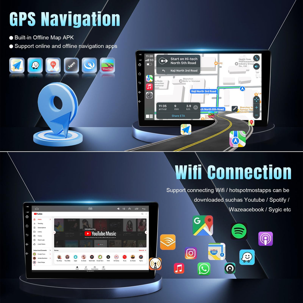 Leadfan wireless Android Auto layout for quick app access on road