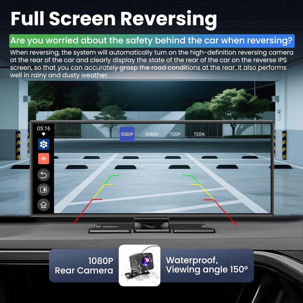 Leadtree 1080p rear camera provides a clear backup view in all weather.