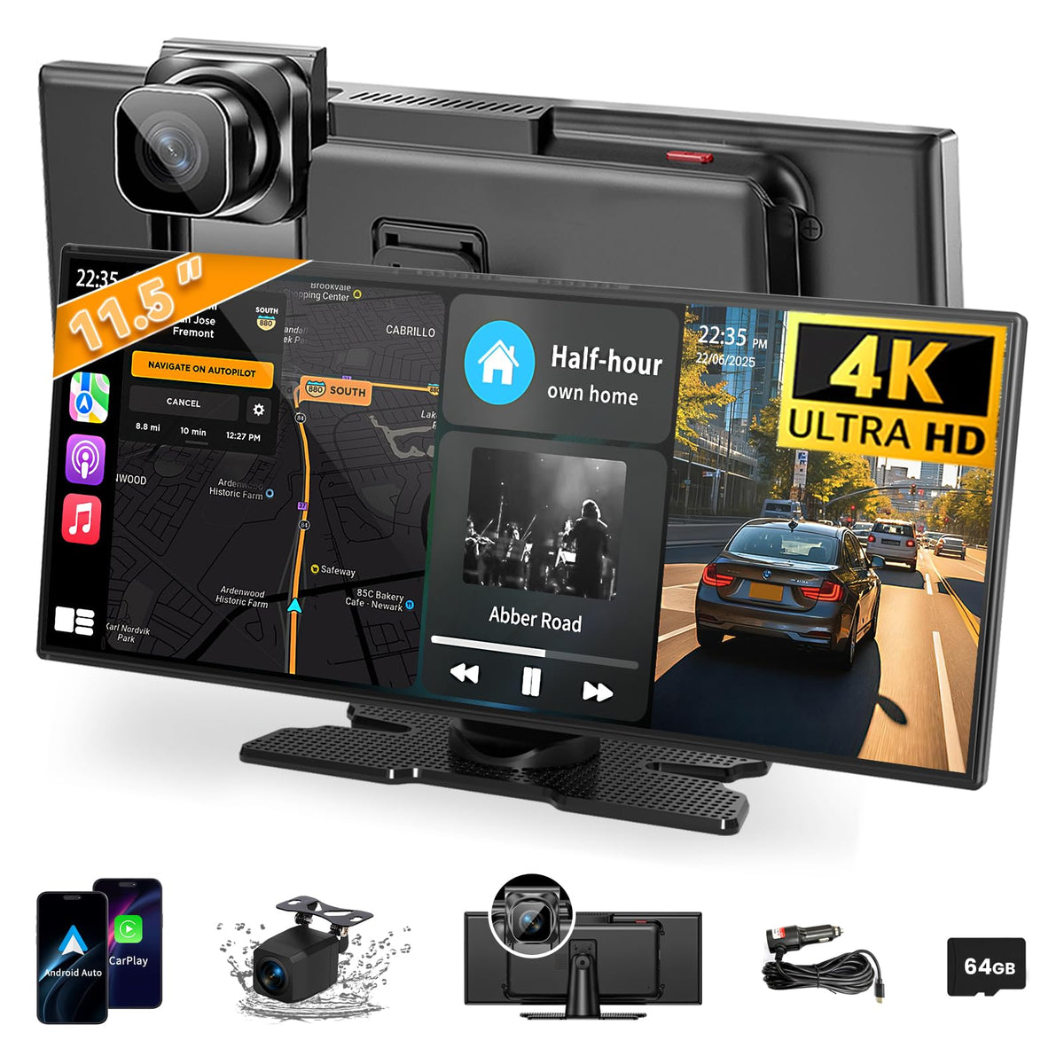 Leadtree 11.5-inch CarPlay screen front view with crisp readability for safer navigation
