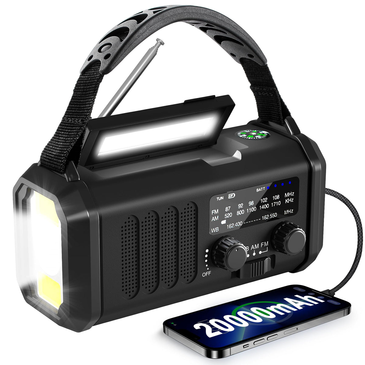 Leaton front view showing speaker and tuning knob, clear weather alerts benefit