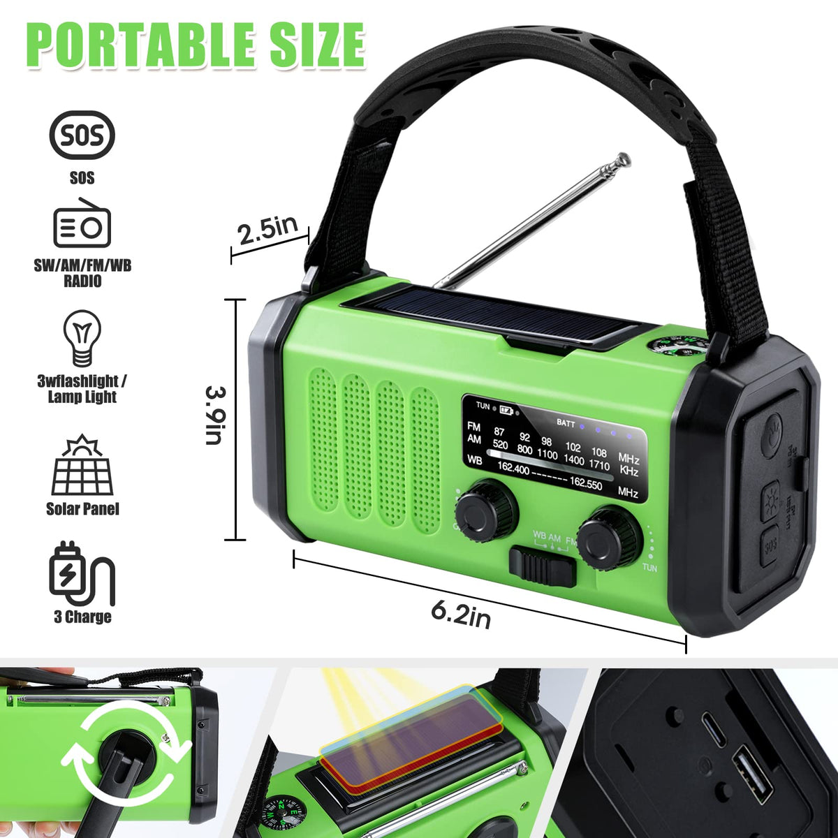Leaton hand crank and USB ports open for reliable off-grid charging