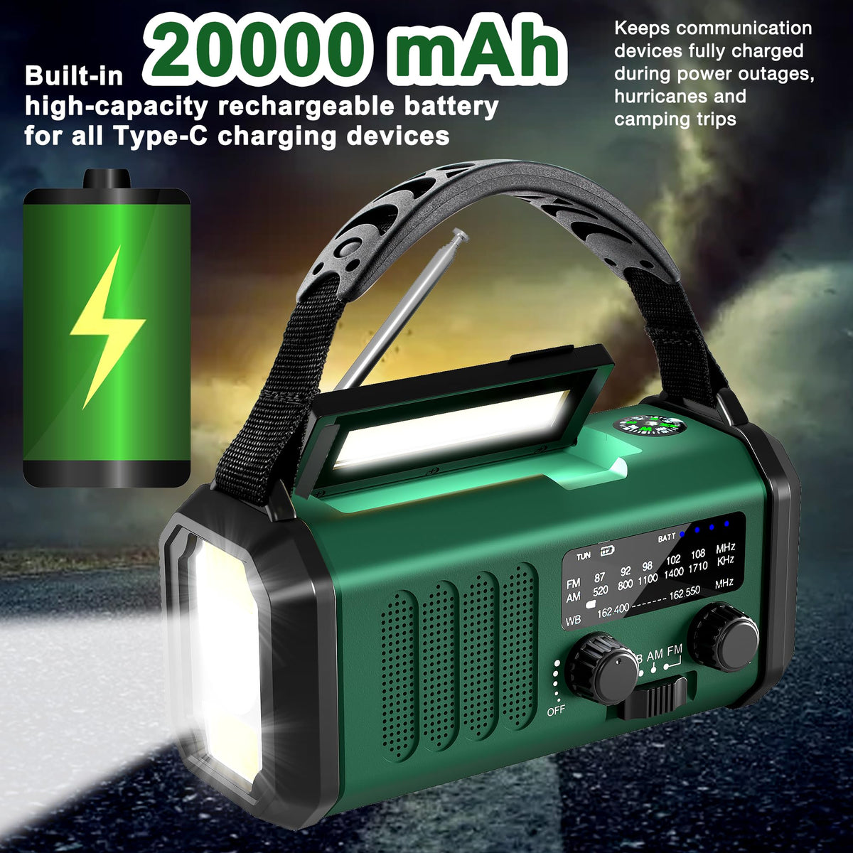 Leaton on a campsite table with tent and phone charging for outdoor safety