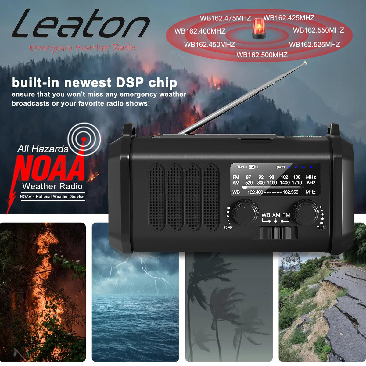 Leaton top view with solar panel and hand crank extended for backup charging