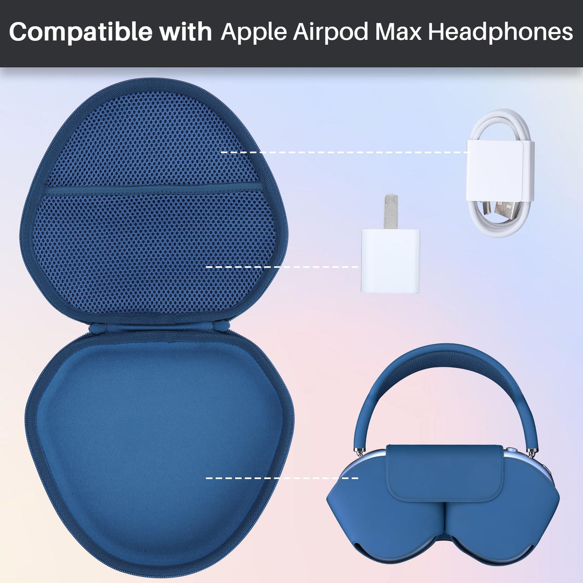 Lebakort AirPods Max case mesh pocket keeps cables and adapters organized.