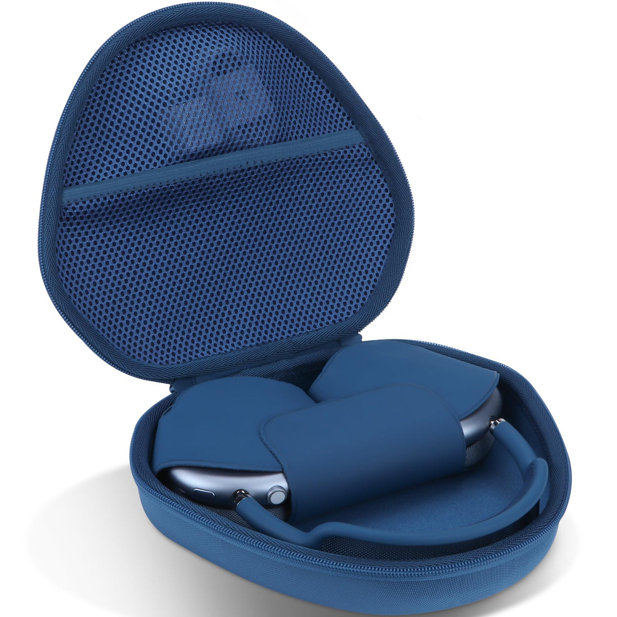 Lebakort AirPods Max hard case exterior in blue protects against bumps during travel.