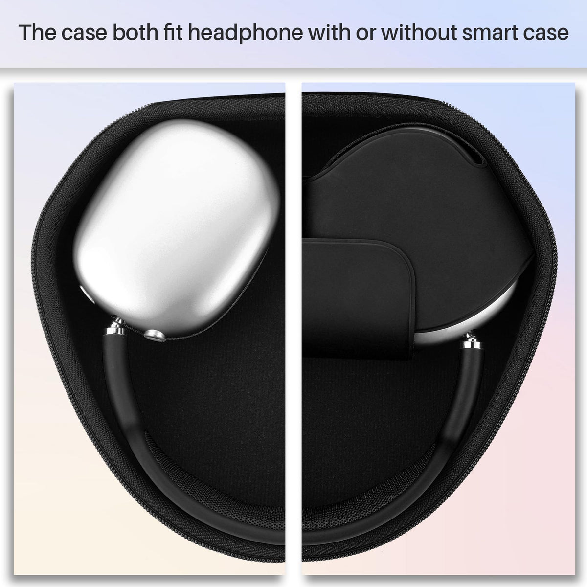 Lebakort AirPods Max hard case side pocket close-up shows accessory organization