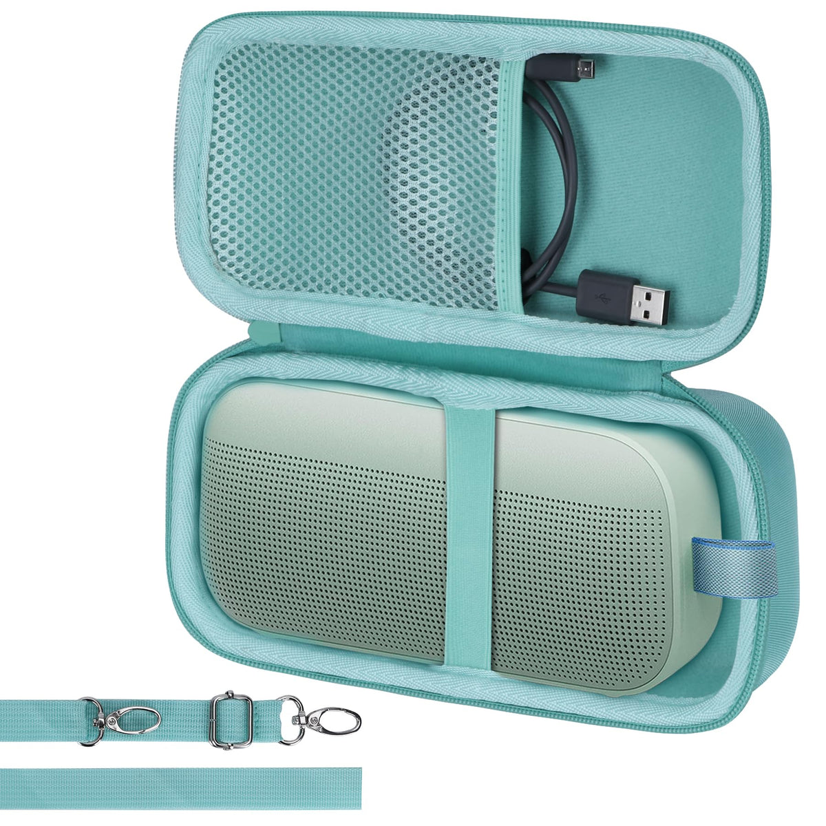 Lebakort mint green case lid mesh pocket for cables and chargers.