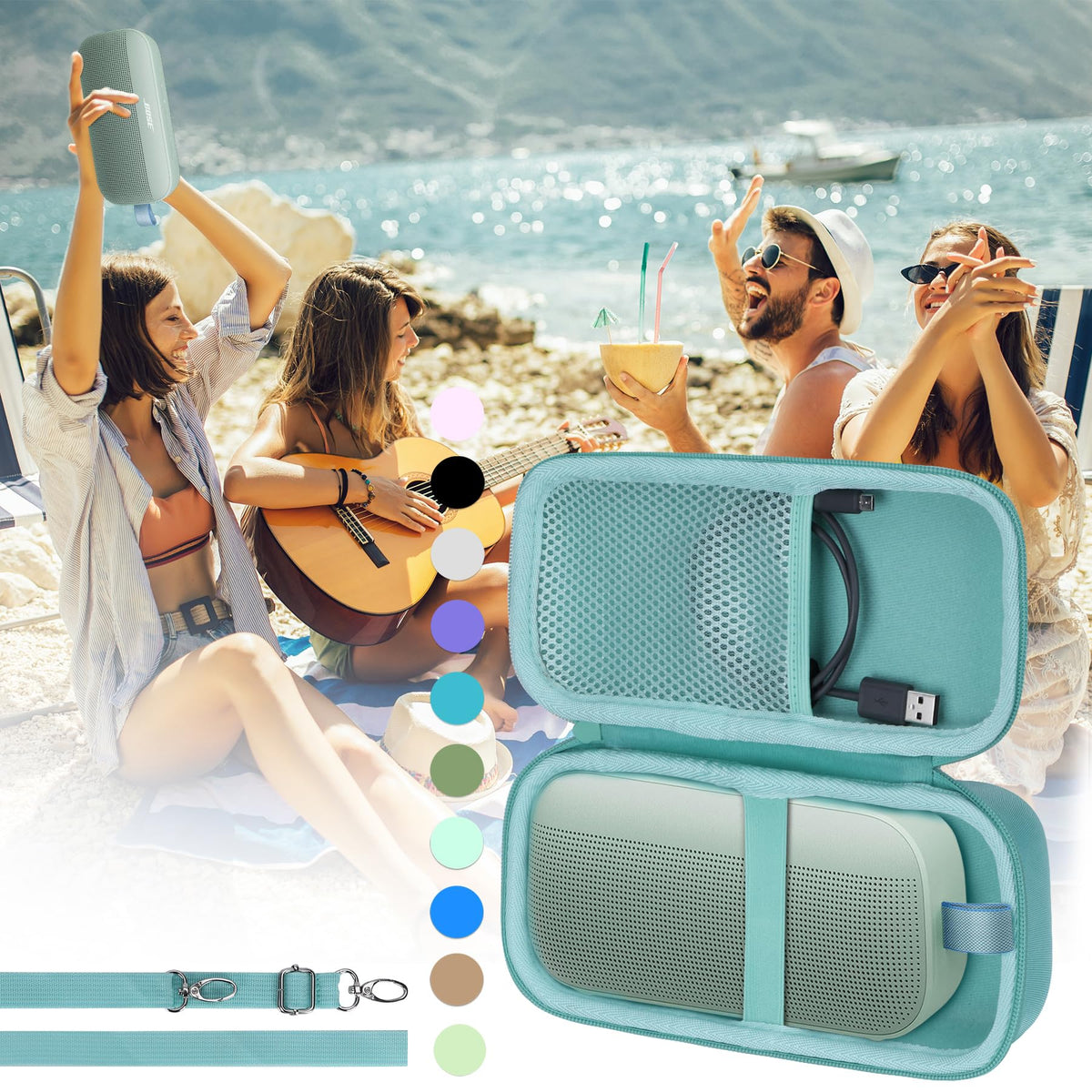 Lebakort mint green case with Bose SoundLink Flex inside ready to go.