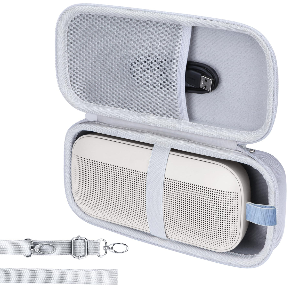 Lebakort case upper compartment mesh pocket stores cables and chargers neatly.