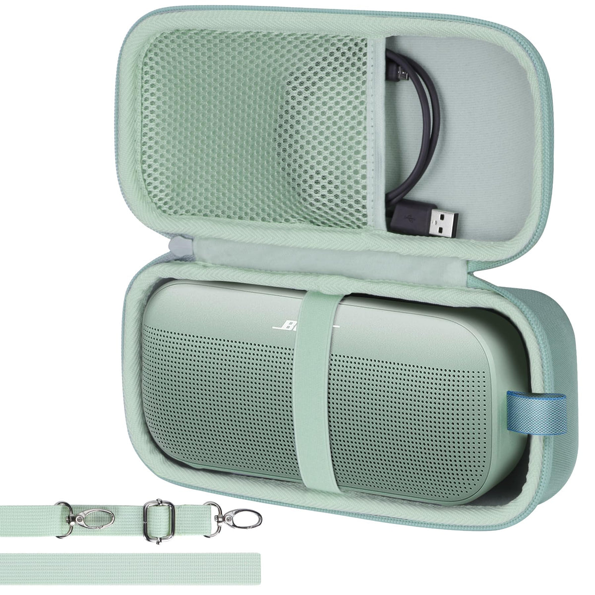 Lebakort case showing lower elastic band securing the speaker during transport