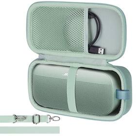 Lebakort case showing lower elastic band securing the speaker during transport