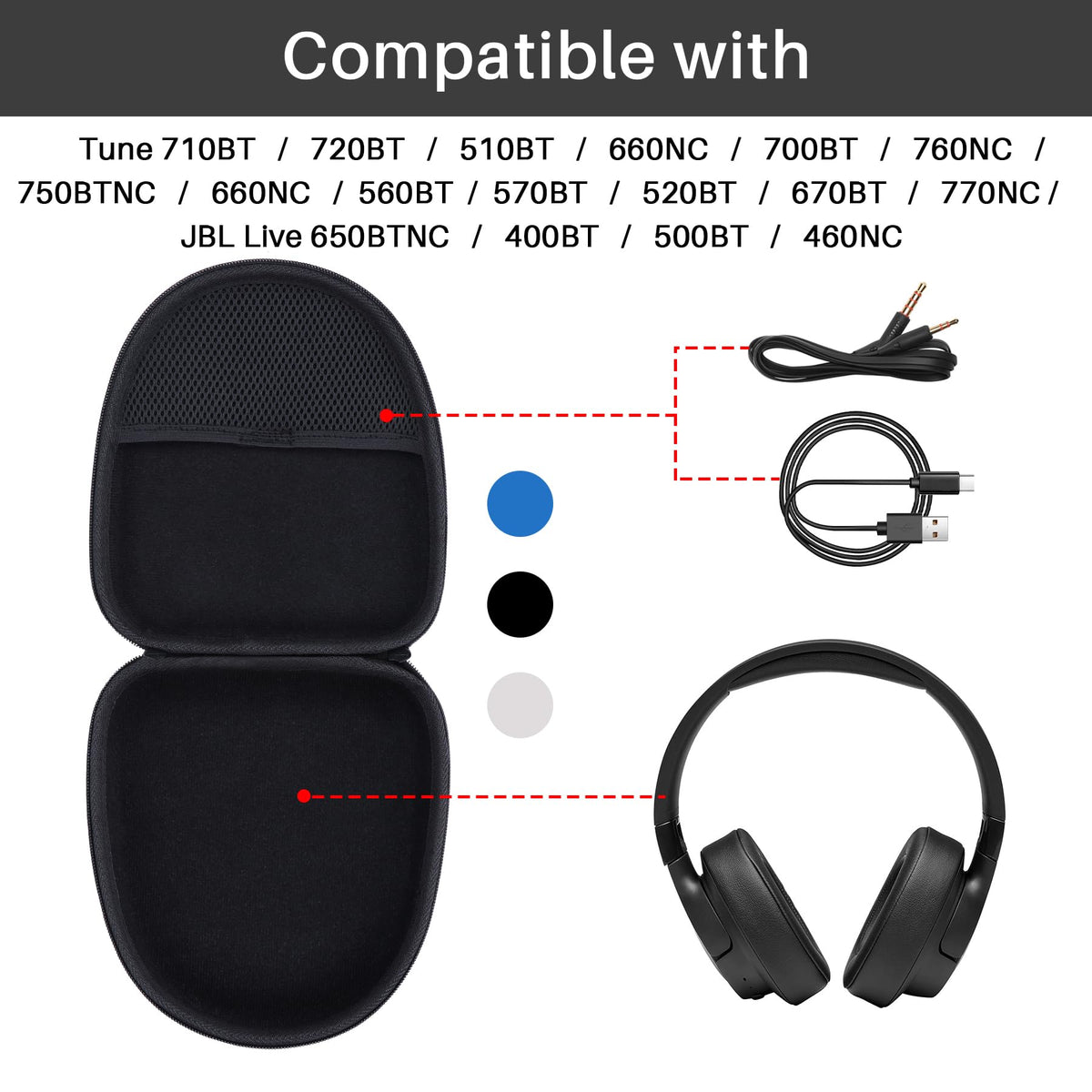 Lebakort hard case for JBL Tune 660NC with extra cord pocket