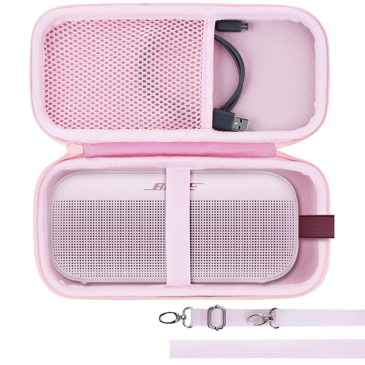 Lebakort hard case with petal pink exterior protecting Bose SoundLink Flex on the go