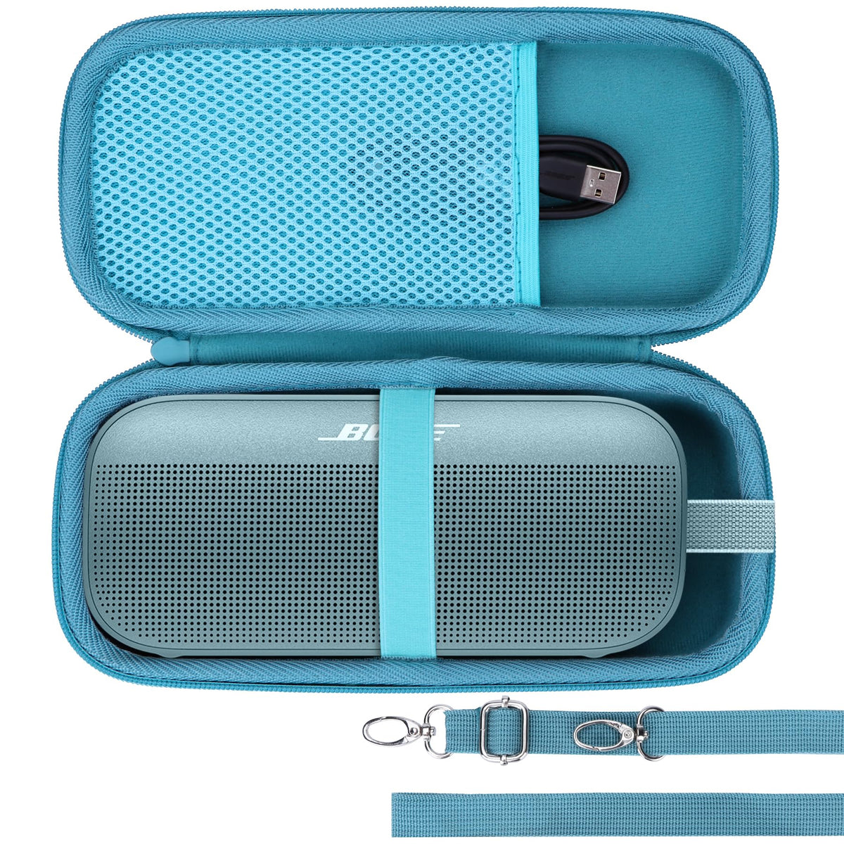 Lebakort hard case protects Bose SoundLink Flex 2nd Gen on travel with a stone-blue exterior.