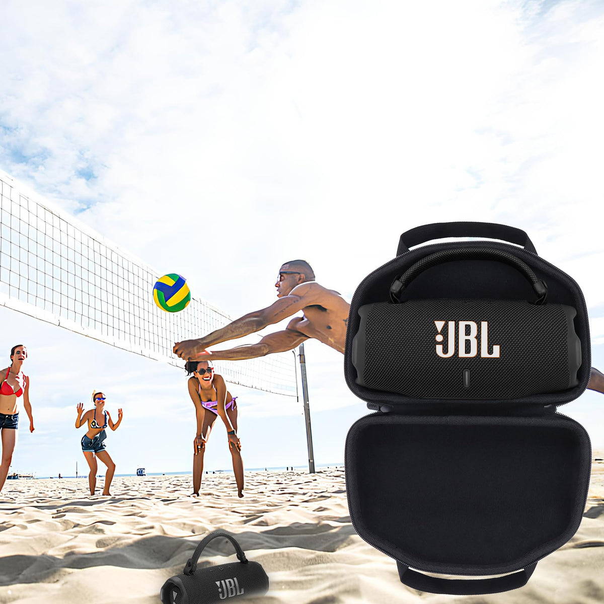 Lebakort JBL Charge 6 hard case packs neatly into bags.